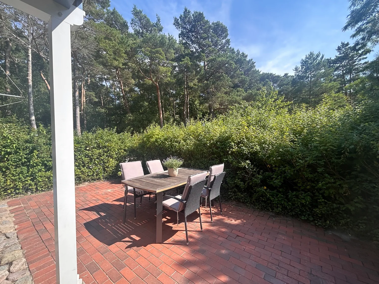 Sonnige Terrasse mit Sitzgruppe und angrenzendem Grün