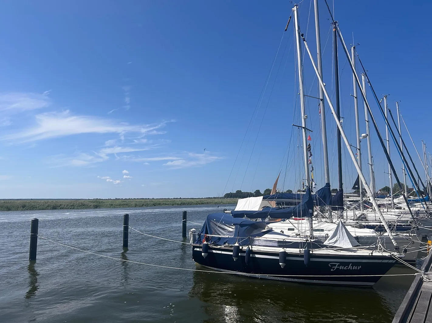 Segelboote am Steg mit Blick über den Bodden