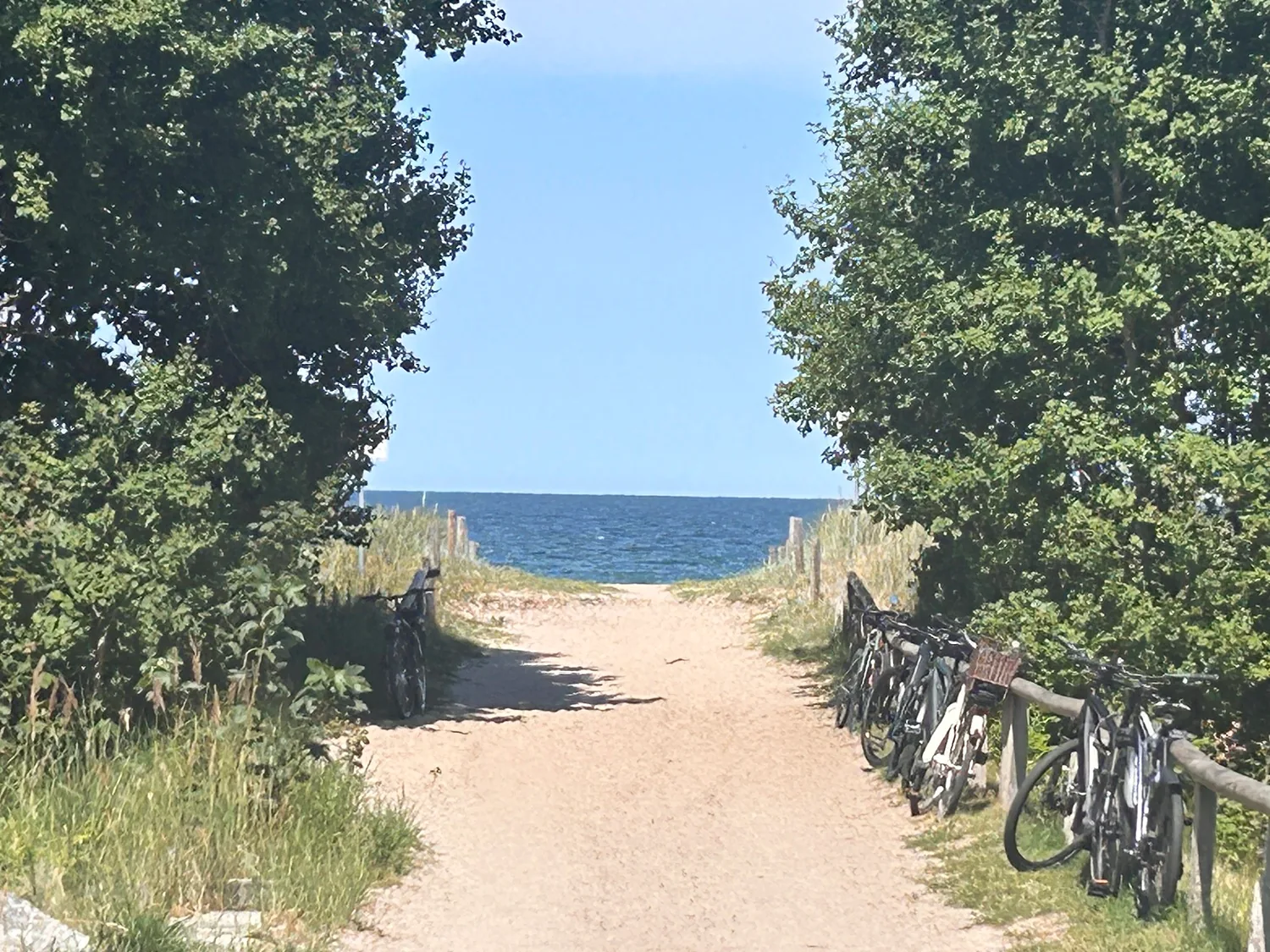 Sandiger Strandzugang mit abgestellten Fahrrädern und Blick zur Ostsee